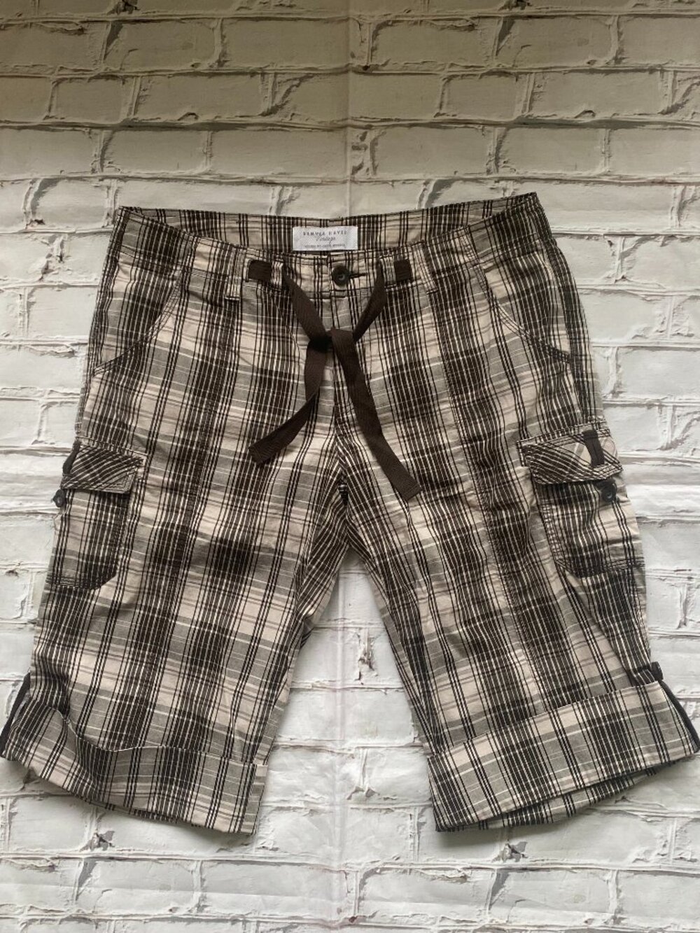 Vintage Denver Hayes Brown Plaid Long Cargo Shorts